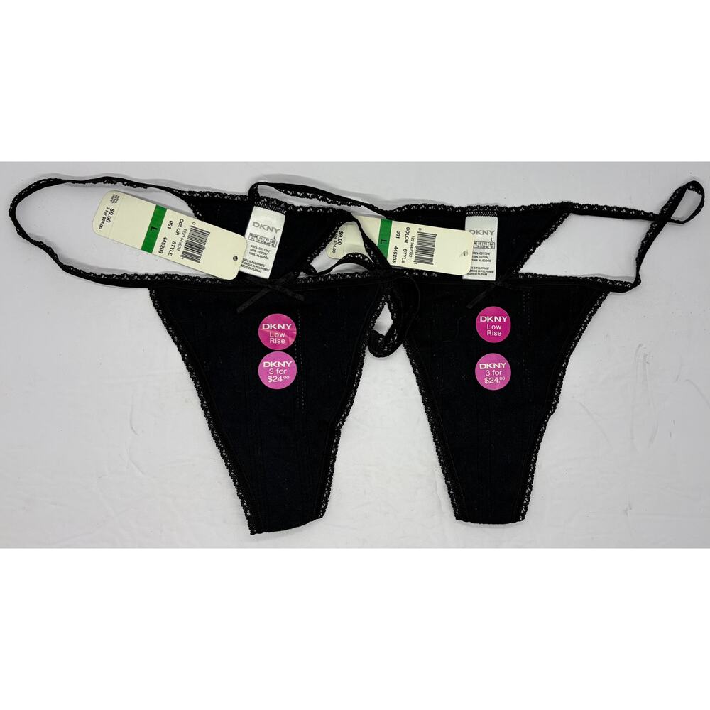 DKNY Women’s G-String Black Thong Panties Lace Detail Size L Lot of Two NWT